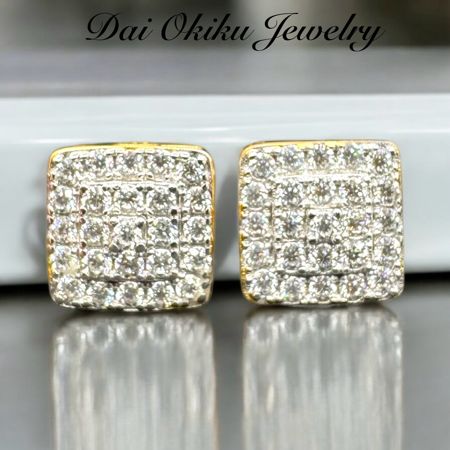 Square Cluster Diamond Gold Stud Earrings