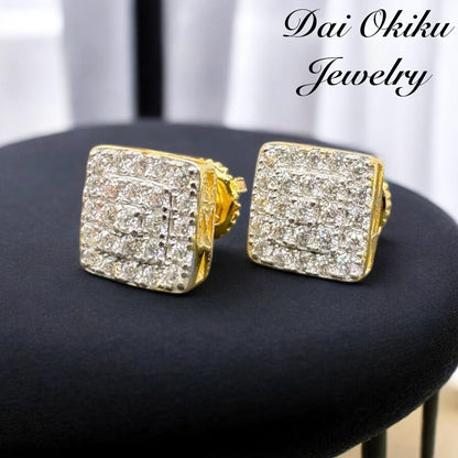 Square Cluster Diamond Gold Stud Earrings